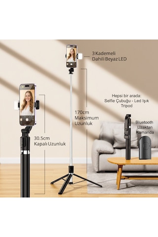 Genz Bilişim Kumandalı Işıklı Ayaklı Tripod Ve Selfie Çubuğu Ve Telefon Tutucu 30cm Ila 170cm Max Siyah