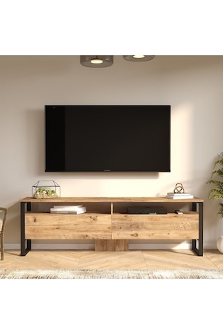 El19 Elanor 180cm Metal Tv Ünitesi Tv Sehpası 2 Kapaklı Ela19-a Atlantik Çam