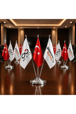 Logonuza Özel Üçlü Masaüstü Bayrak Seti Türk Bayrağı Ve 2 Adet Firma Logolu Bayrak 33 Cm
