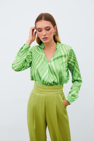 Sateen Kruvaze Desenli Bluz - Yeşil-134990 Yeşil