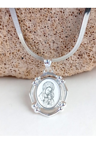 Gümüş Marıa Madalyon Tasarım Kolye Yılan Zincir Kadın Kolye