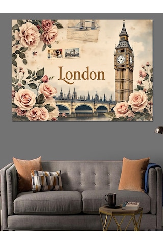 Güller Ve Londra Big Ben Dekoratif Kanvas - Mdf Ahşap Tablo