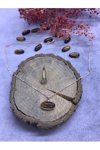 Kaplan Gözü Taşı Gümüş Kolye 925 Ayar Doğal Taş