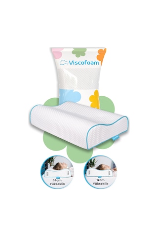 Viscofoam Yüksek Boyun Destekli Ortopedik Yastık Çift Boyun Destekli Visco Yastık - 60x40x14-12cm