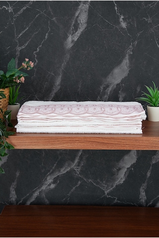 Dantelli Güpürlü Lüks %100 Pamuk Çeyizlik 6 Lı El Yüz Havlu Seti 40x70 - Pembe - 4400 Pembe