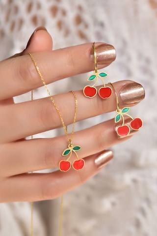 925 Ayar Gümüş Gold Kaplama Özel Tasarım Kırmızı Kiraz Kolye Ve Küpe Set 10684933