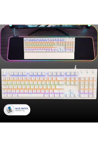 Trio G8219x Rgb Blue Switch Mekanik Oyuncu Klavyesi Türkçe Q Kablolu Bilek Destekli Beyaz