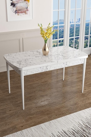Concept Han Serisi 70x114 Cm Açılabilir Mdf Mutfak Masa Takımı, Beyaz Mermer Desen Masa, 4 Haki Yeşil Sandalye Çok Renkli