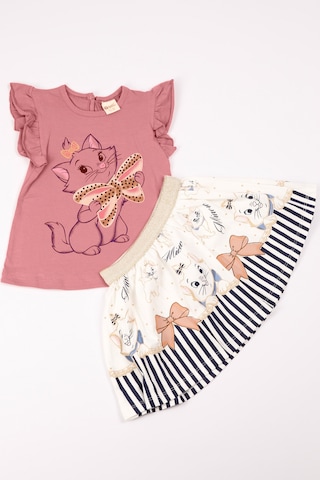 Kız Çocuk Takım Etekli Kedi Baskılı Kol Detaylı A66 Pudra