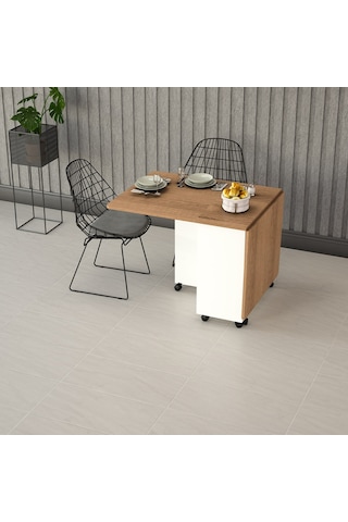 Asra Trend KM-11 %100 MDF 155x70 cm Katlanır Akıllı Mutfak Masası Tekerlekli Servis Masası Beyaz Petra