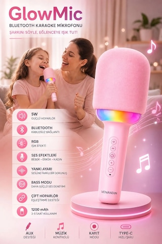 Exenar - Pembe - Kablosuz Bluetooth Karaoke Mikrofonu 5w Rgb Işıklı Taşınabilir Kablosuz Mikrofon Şarjlı 1200 Mah