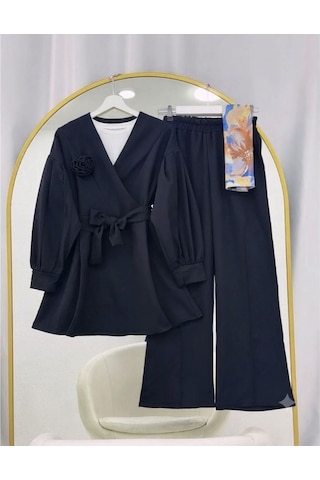 Lovie Moda Gül Detaylı Pantolonlu İkili Takım Siyah