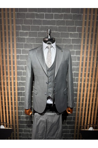 Dupont Classics Dupont Erkek Slim Fit 6 Drop Filafil Viskon Sivri Yaka Çift Yırtmaç Yelekli Takım Elbise Gri
