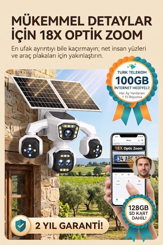 5 Kameralı Güneş Enerjili 18x Optik Zoom Solar Panelli Profesyonel Dış Mekân Güvenlik Kamerası 100tt