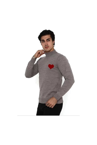 Unisex Yarım Boğazlı Baskılı Dokuma Triko - Vizon Vizon