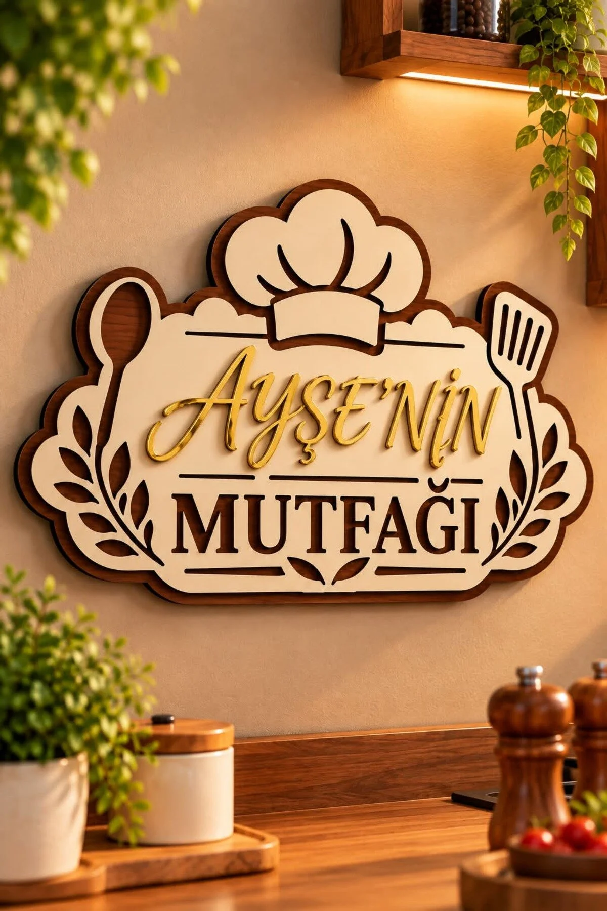 Kişiye Özel İsimli Mutfak Tabelası Gold Pleksi Ceviz Krem Mdf Duvar Süsü