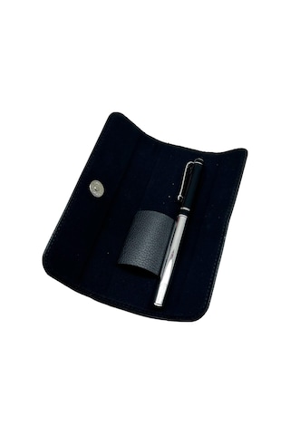 Siyah Gümüş Deri Kılıflı Tükenmez Roller İmze Kalemi 1209gm