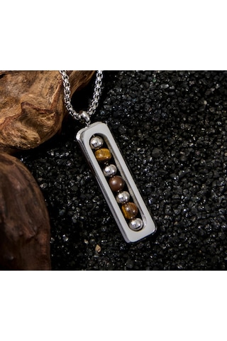 Erkek 316l Kaplangözü Doğal Taşlı Çelik Kolye 9133 Gümüş