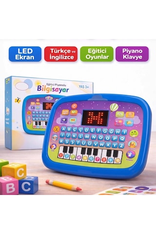 Eğitici Piyanolu Sesli Işıklı Led Ekranlı İngilizce Türkçe 26 Kelime Çocuk Bilgisayarı Mavi