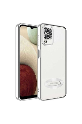 Galaxy M12 Kılıf Kamera Korumalı Logo Gösteren Zore Omega Kapak Gümüş