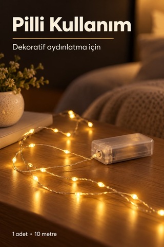 10 Metre Pilli Sarı Gün Işığı Peri Led Flaşlı Dekoratif Işık