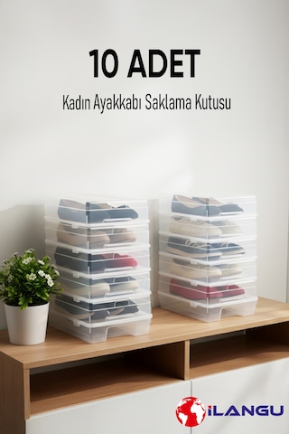 10 Adet Şeffaf Kadın Ayakkabı Saklama Kutusu-hava Kanallı-organizer Şeffaf
