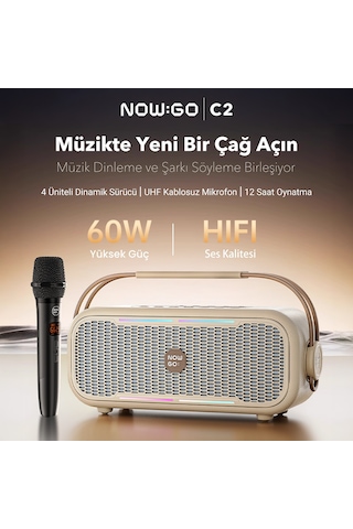 Nowgo C2 60w Taşınabilir Rgb Bluetooth Hoparlör Mikrofonlu Karaoke Parti Speaker Bej