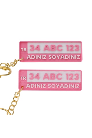 Kişiye Özel Plaka Anahtarlık Çiftli Set 2 Adet - İsimli Ve Plakalı Araç Anahtarlığı Pembe