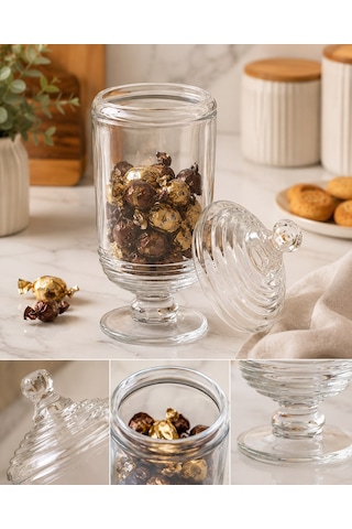 Chacha Home Halkalı Cam Kapaklı Ayaklı Drajellik & Şekerlik 780 Ml - 24 Cm Şeffaf