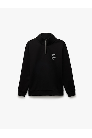 Koton Uzun Kollu İşlemeli İnterlok Kumaş Yarım Fermuarlı Sweatshirt Siyah 5sam70046mk Siyah
