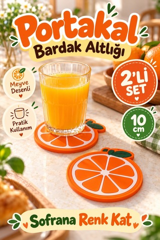 Portakal Desenli Bardak Altlığı 2'li 10 Cm Turuncu Meyve Figürlü Masa Ve Sehpa İçin Dekoratif Altlık