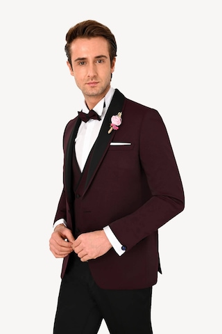 Ysf Erkek Bordo Slim Fit Yelekli Çıkma Şal Yaka Damatlık