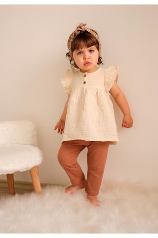 Cigit Oversize Müslin Tunik Taytlı Takım 1-7 Yaş Krem Krem