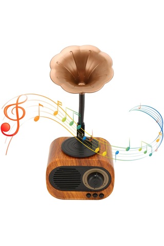 Bukrem Store Retro Ahşap Görünümlü Gramofon Bluetooth Hoparlör Vintage Tasarım, Kablosuz Müzik Keyfi, Şarjlı Mini Gramofon