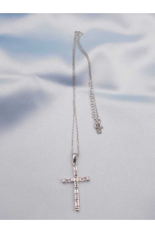 Vog Haç Model Swarovski Şık Tasarım Baget Taşlı 925 Ayar Gümüş Kolye