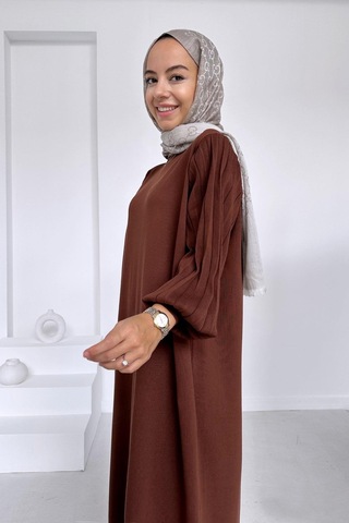Kahijab Balon Kol Merserize Elbise - Kahverengi