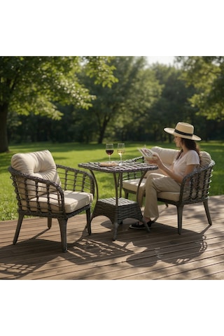 Tu Tienda Kartepe 2 1 1 Sehpa 60 90 Rattan Bahçe Balkon Takimi,antrasit Rattan/gri Kumaş Gri