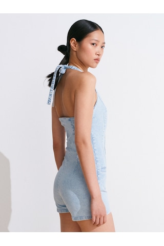 Dilvin 72023 Önü Fletolu Kısa Denim Tulum-mavi Mavi