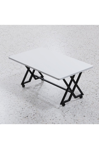 Makbulce Reyyan Orta Sehpa Siyah Metal Ayak Tekerlekli Beyaz