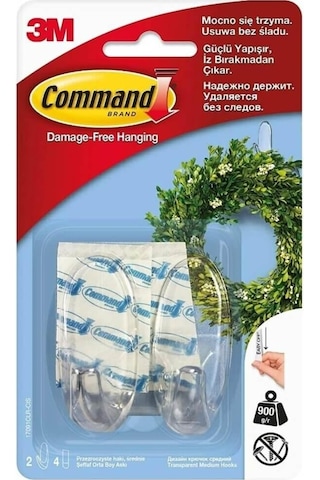 3m Command 17091clr-cee Orta Boy Şeffaf Askı, Max 900 Gr 2 Askı + 4 Orta Boy Cırt Bant