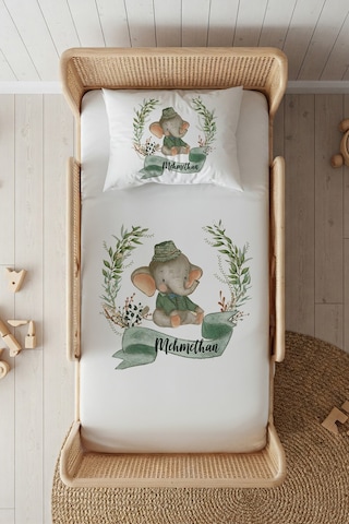 %100 Pamuk Saten İsme Özel İsimli 100x200 Tek Kişilik Lastikli Çarşaf Seti Sevimli Fil Beyaz
