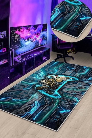West Home Gamer Halısı Yıkanabilir Kaymaz Taban Led Işık Görselli Genç Odası Için Oyuncu Halısı Wh 547 Green