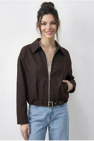 Shade Kadın Oversize Kemer Detaylı Fermuarlı Astarlı Denim Bomber Ceket 2917 60286040 - Kahverengi