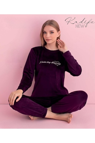 Pijamerry Kadın Kışlık Bisiklet Yaka Kadife Pijama Takımı 3042m - 1 Adet Mor