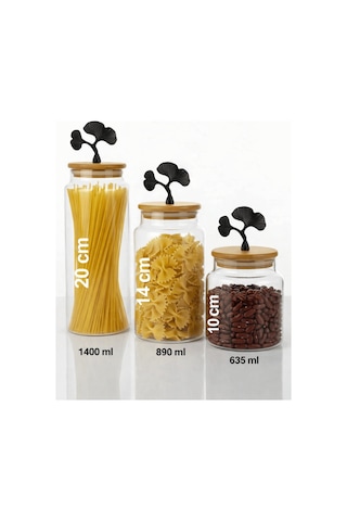 3'lü Bambu Kapaklı Mat Siyah Ginkgo Figürlü Şeffaf Cam Kavanoz Cam Saklama Kabı 635/890/1400ml Çok renkli