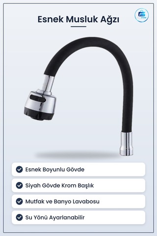 Siyah Kubar Esnek Mutfak Musluk Ağzı Krom Başlıklı Su Çıkışı Bany