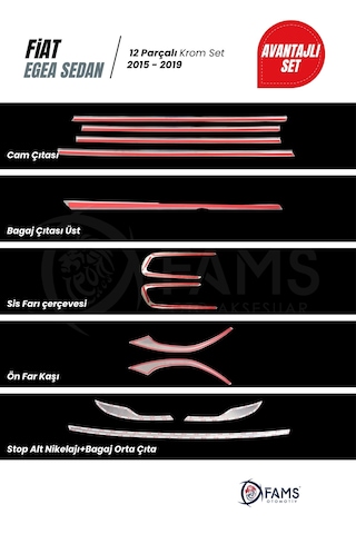 Fiat Egea 2015-2019 Sedan 12 Parça Krom Set Cam Çıtası-bagaj Çıtası Üst-sis Farı-ön Far Alt-stop Alt Nikelajı P.çelik