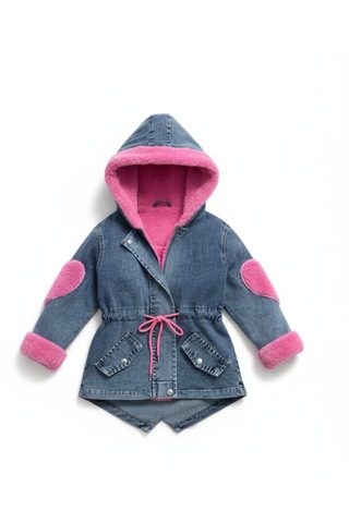 Reiz Kız Çocuk Peluş Astarlı Kalp Detaylı Kot Mont Mavi - Pembe