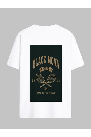 Black Nova Oversize Baskılı Unisex Tişört Campus Tennis Beyaz