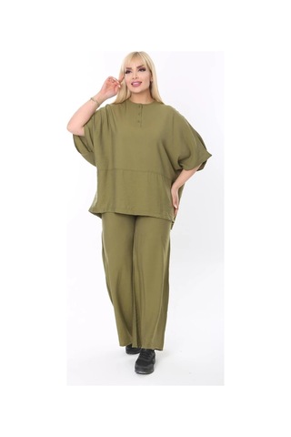 Mia Butik Büyük Beden Haki Yuvarlak Yaka Salaş Takım Haki